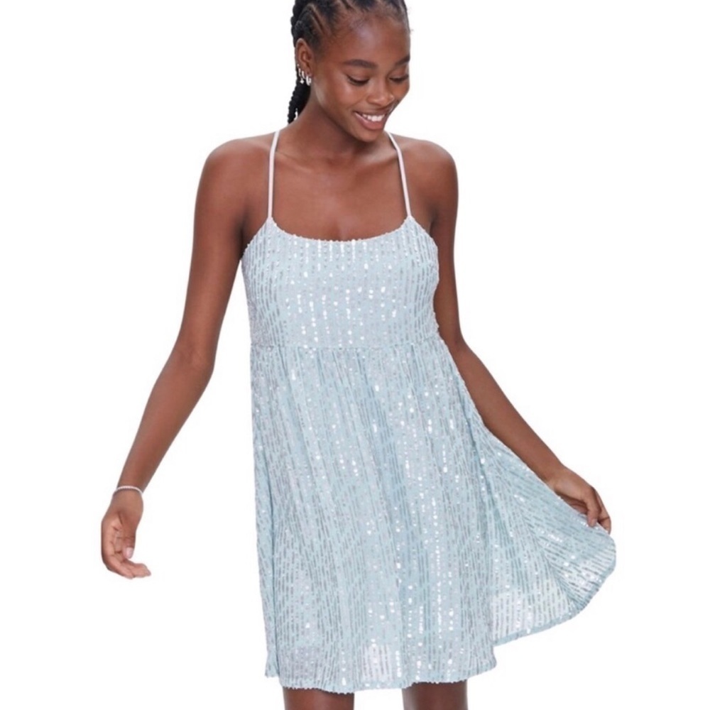 New! Forever 21 Sequins Mint Aqua Spaghetti Strap Formal Cocktail Mini Dress